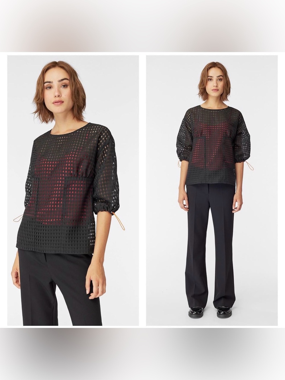 Cop Copine Zombo Sheer Grid Mesh 3/4 Cinchable Sleeve Layering Top FR 38 US 6